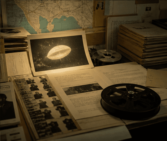 Editorial illustration of 1950s Air Force case files, negatives, microfilm, and a UAP photograph under an archive lamp.