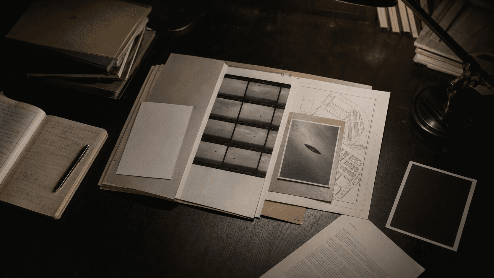 Editorial illustration of a case dossier branching into photographs, a witness notebook, a facility map, and documents.
