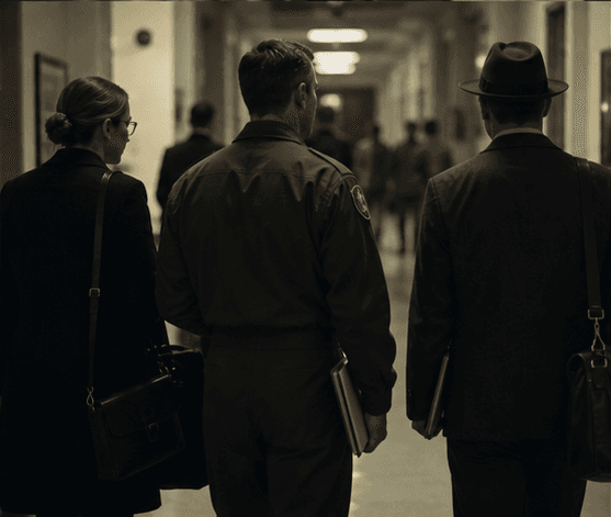 Editorial illustration of anonymous figures moving through an institutional corridor with public records in hand.