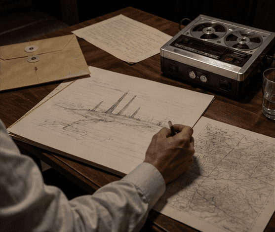 Editorial illustration of a period remote-viewing session with a target sketch, sealed envelope, map, and analog recorder.
