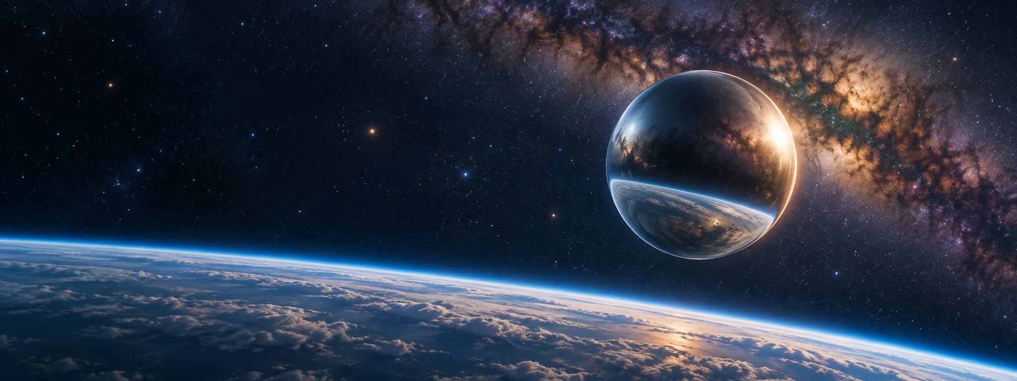 An imagined reflective orb above Earth's curved horizon, with the Milky Way behind it.