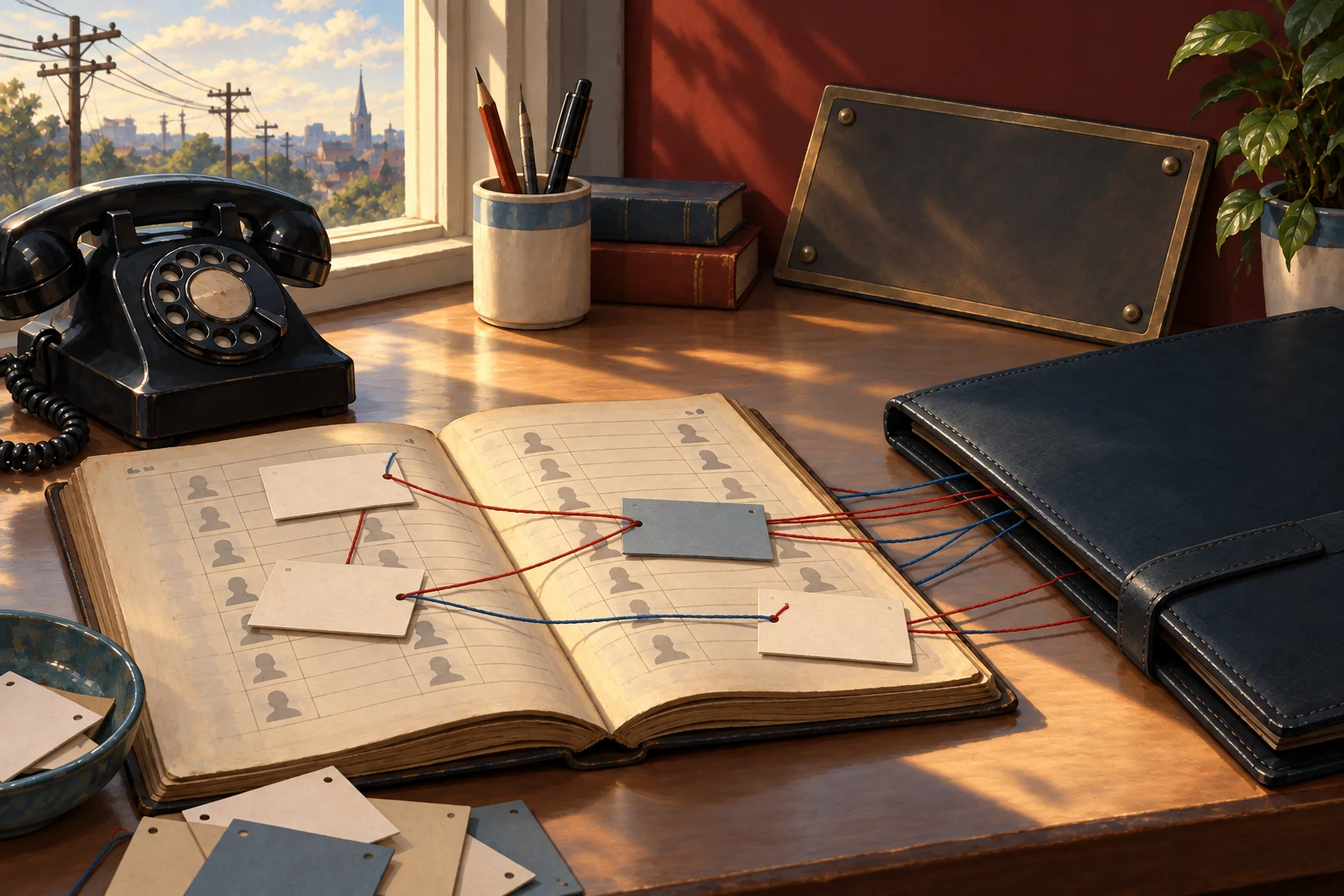 An illustrated old telephone and wordless directory connect by colored threads to a modern portfolio beside a blank plaque.