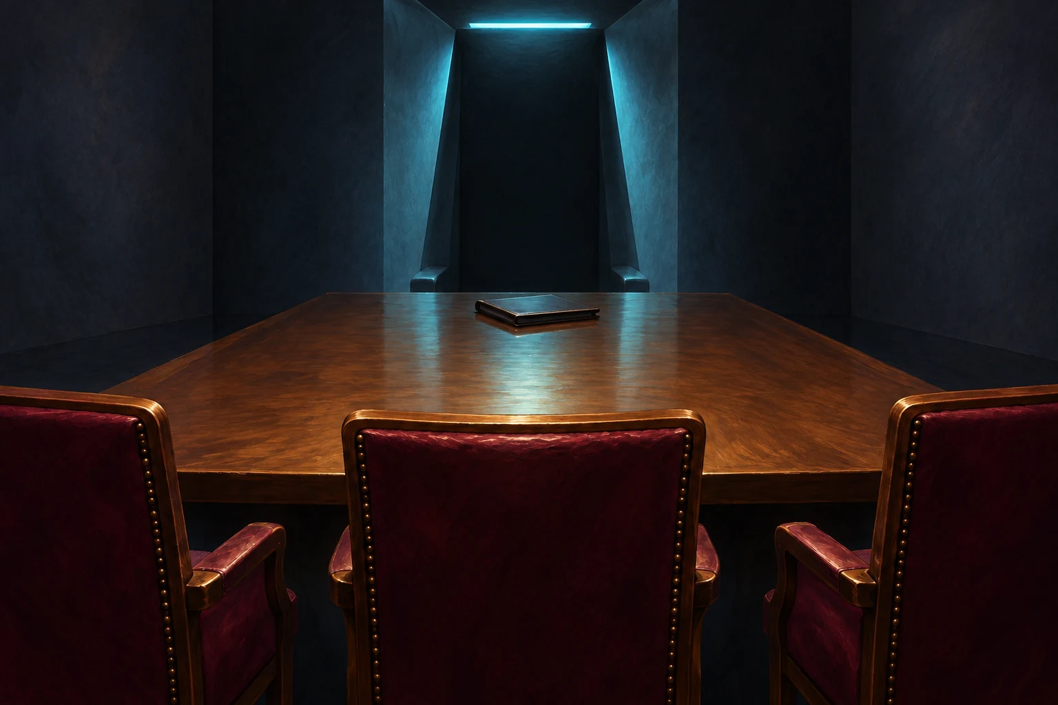 Three burgundy chairs face a shadowed larger seat across an illustrated conference table with a closed folio.