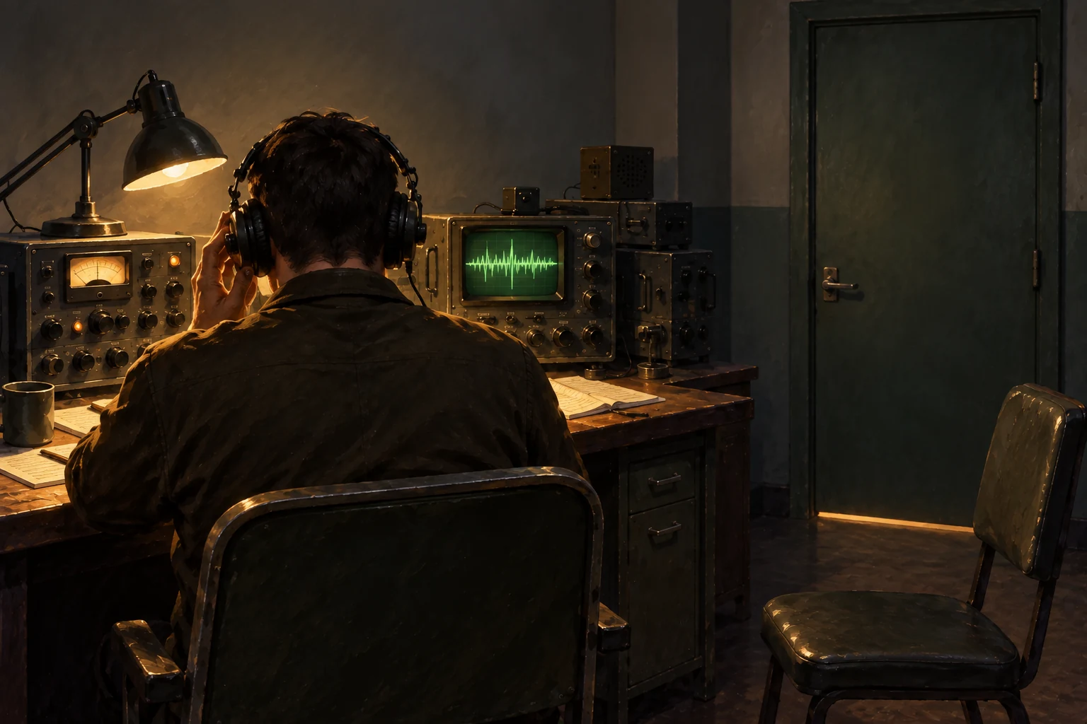 An illustrated headset operator faces tone equipment and a green trace screen in a closed, warmly lit room.