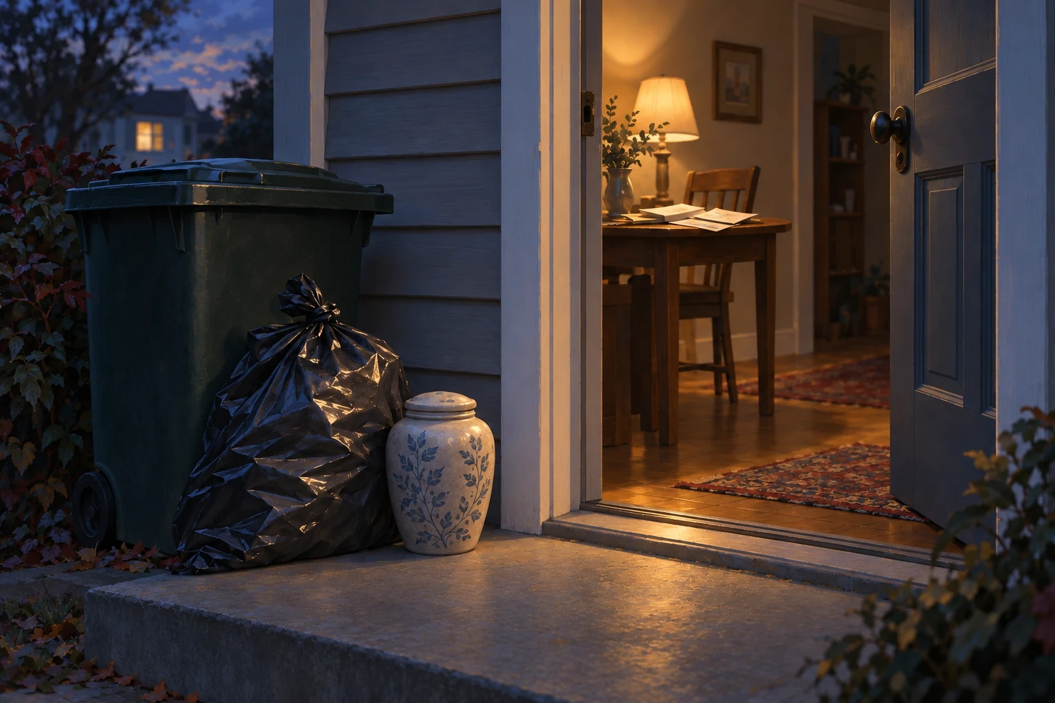 An illustrated memorial urn stands outside beside garbage, with papers visible on an indoor table through an open doorway.