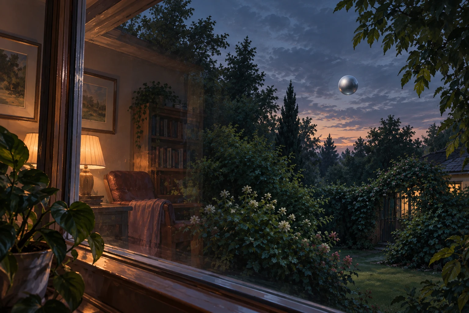 A small pearly sphere hangs beyond a garden window reflecting a warmly lit room in a full-color illustration.