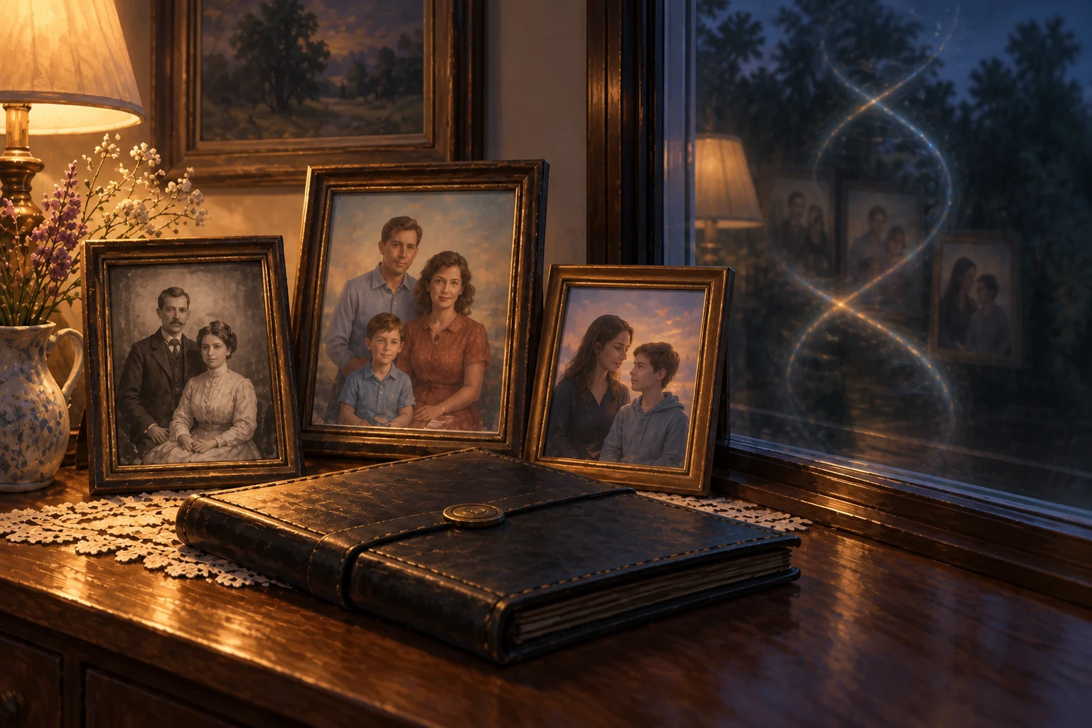 Illustrated family portraits beside a closed folio, with a faint helix-shaped reflection in dark glass.