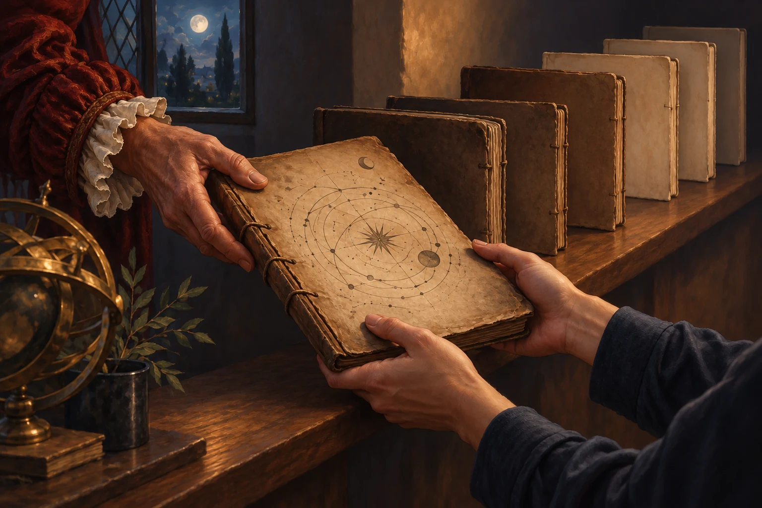 Illustrated hands in period and modern sleeves exchange an aged celestial folio before a row of changing bindings.