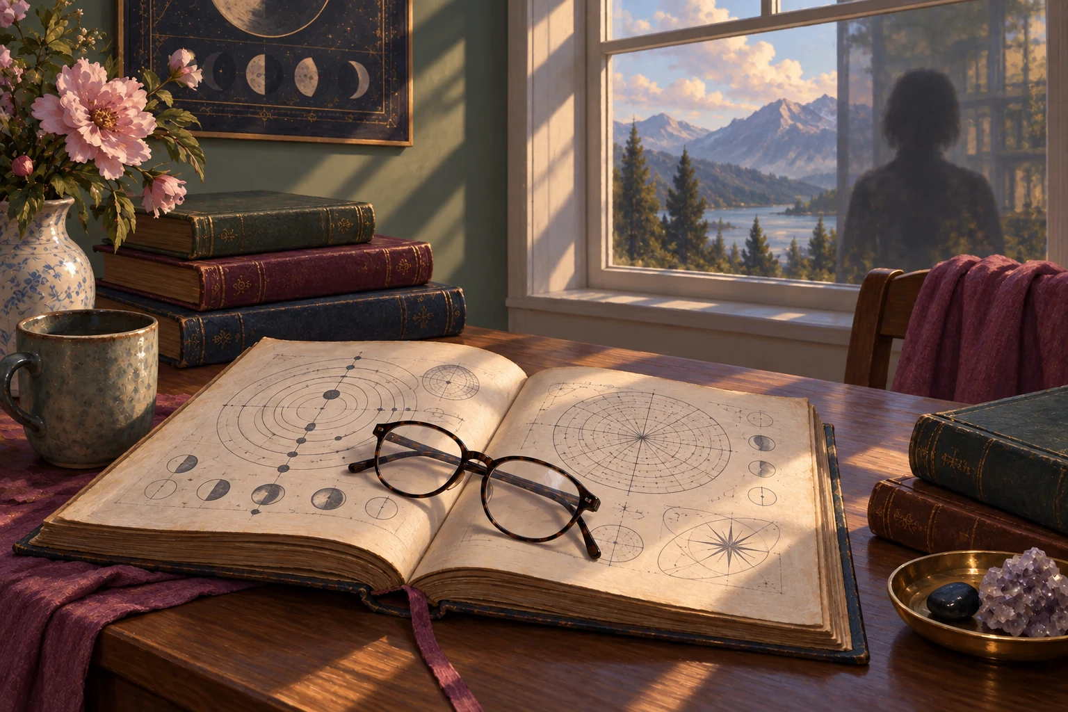 Glasses rest on an illustrated open celestial book beside other volumes, while an indistinct reflection appears in a bright window.