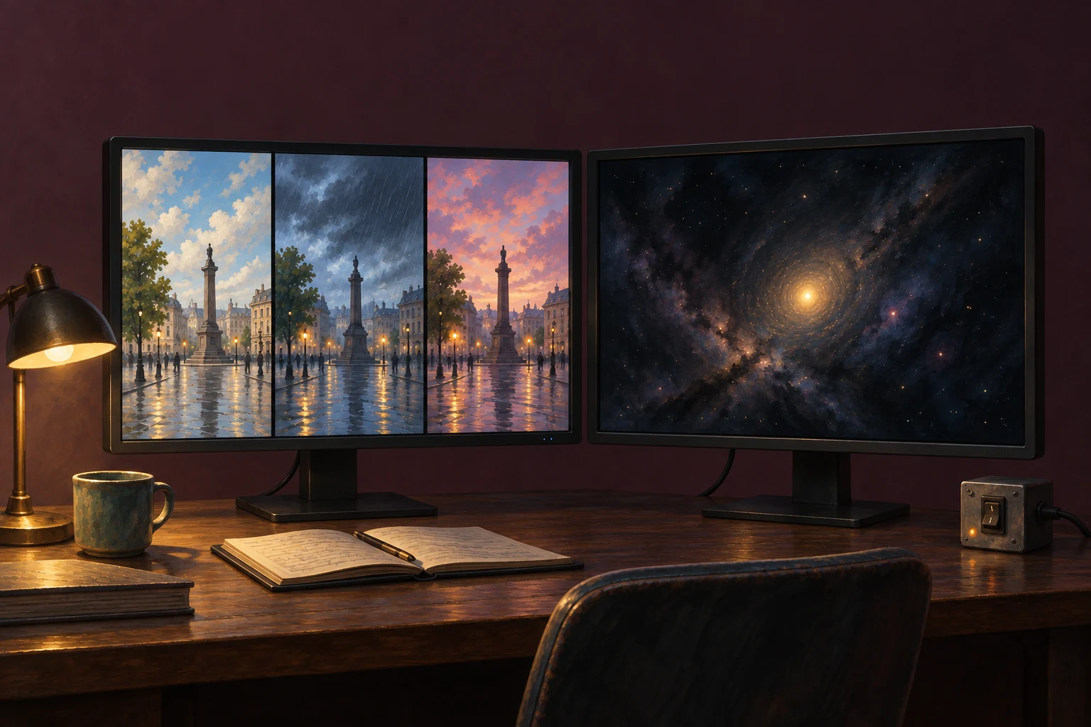 Two illustrated screens show alternate views of a civic square and a solitary light in a dark field, beside an untouched switch.