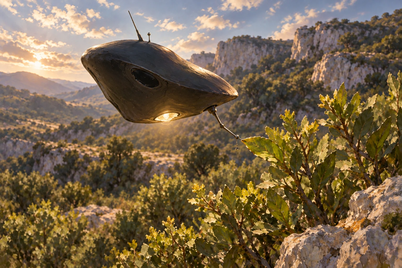 A small irregular dark object hovers beside sunlit leaves, with a delicate protrusion near one leaf, in a visibly illustrated rocky landscape.