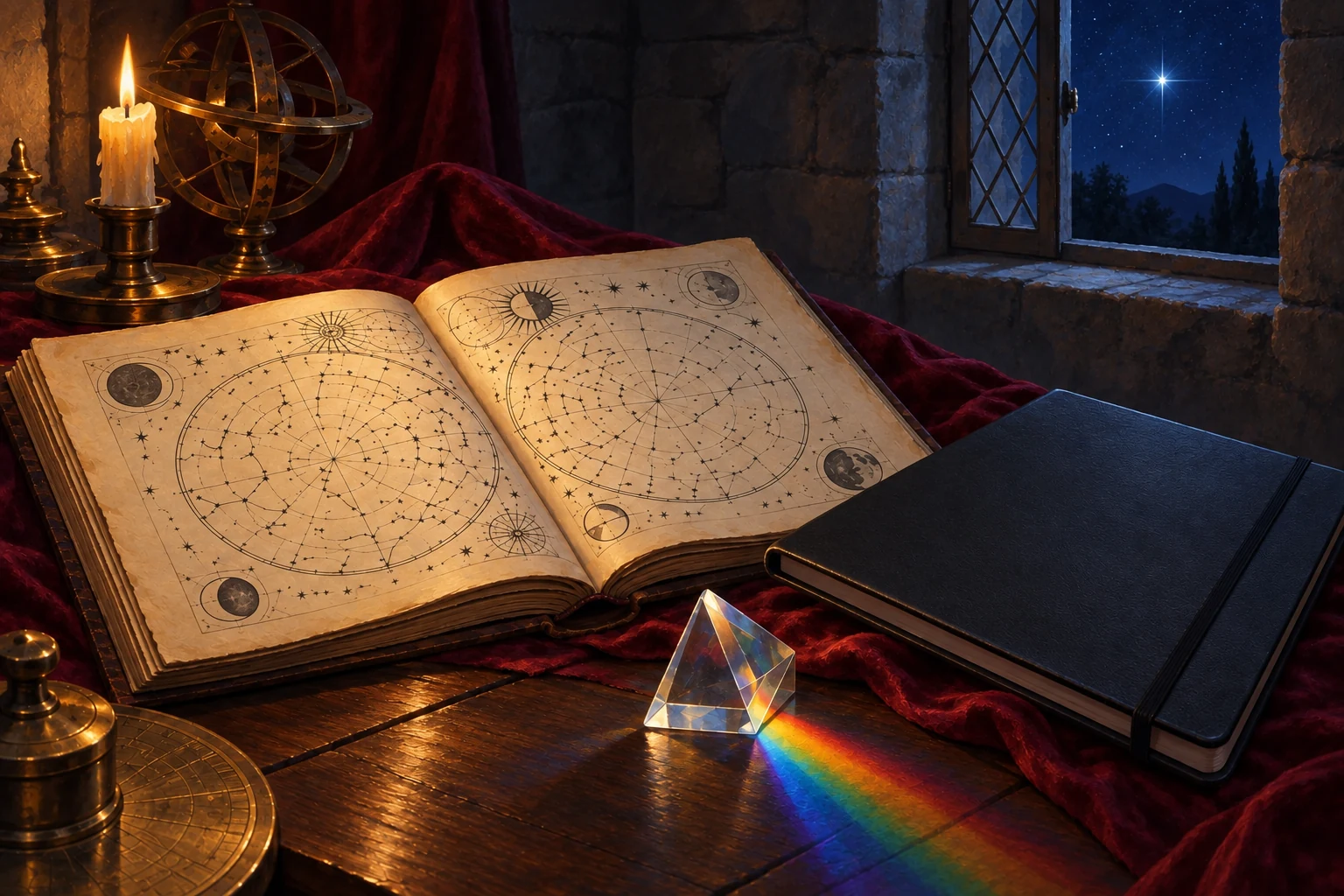 An illustrated old star atlas, colored prism and closed modern folio share a table beneath a bright star outside.
