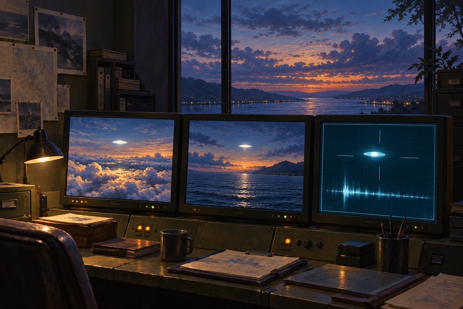Three illustrated monitors show a pale aerial object from different views beside a luminous sensor trace.