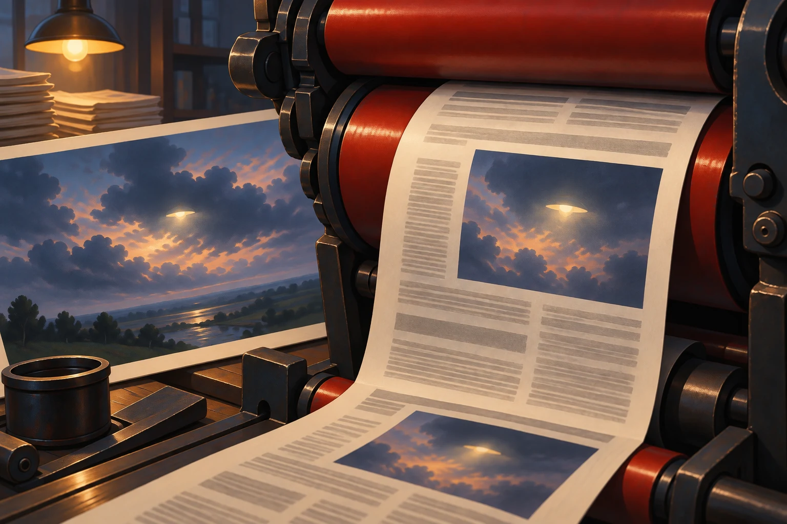 An illustrated red printing press reproduces a small aerial-light image beside a wider uncropped view; page text is abstract lines.
