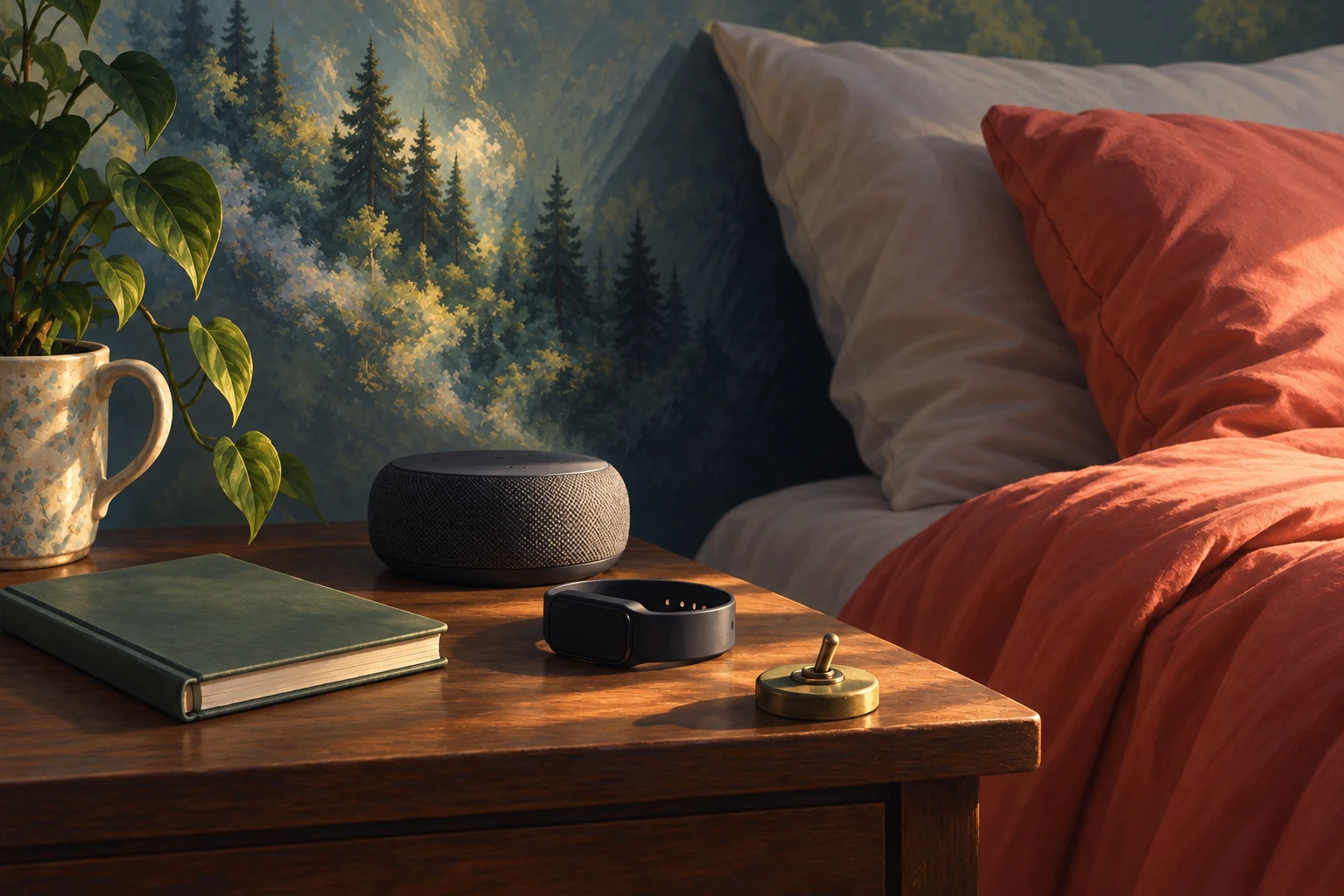 An illustrated bedside speaker, sensor band and switch sit beneath a soft dreamlike wash of forest shapes beside coral bedding.