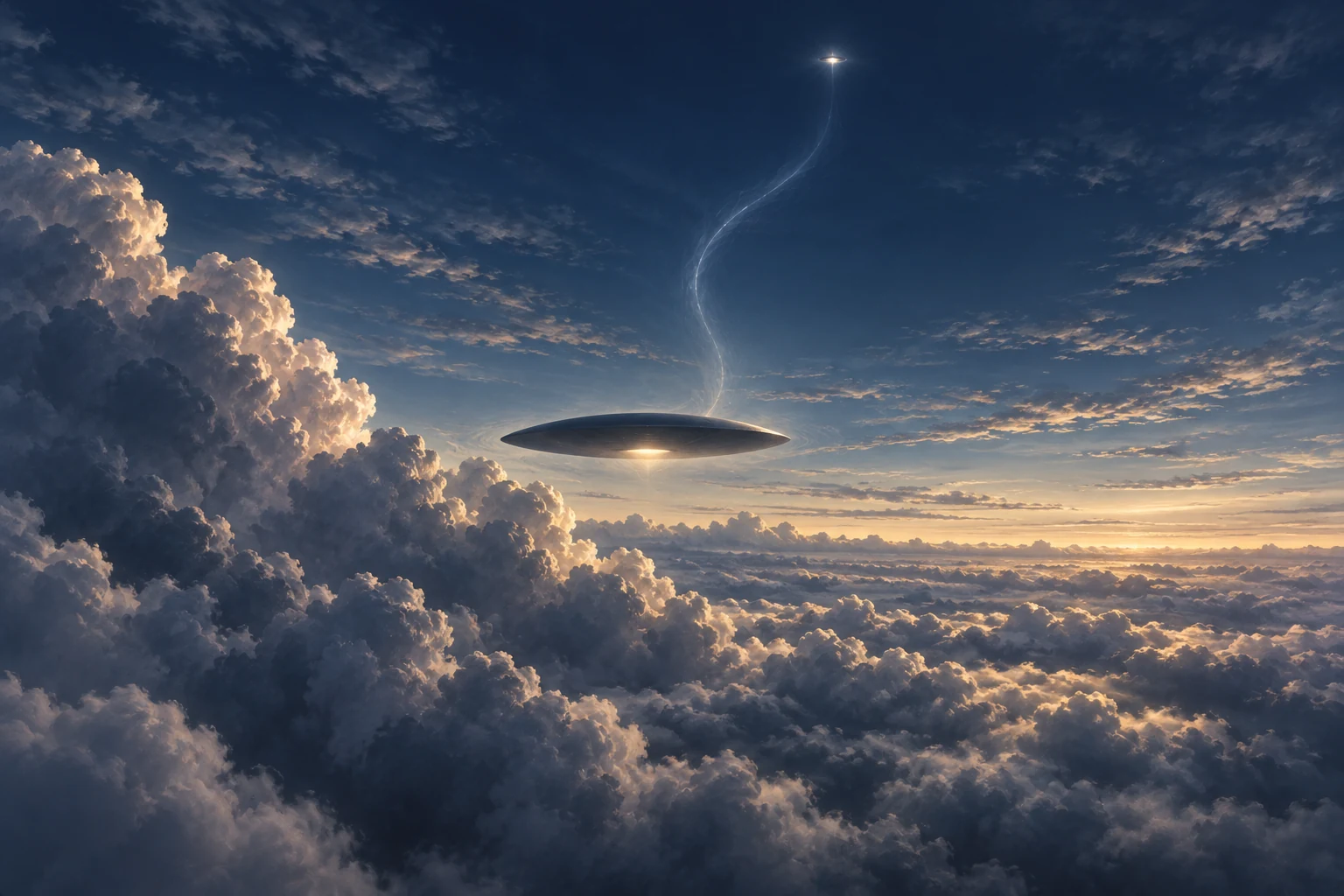 An illustrated oval object above lilac clouds with a faint thread of light reaching toward a distant point overhead.