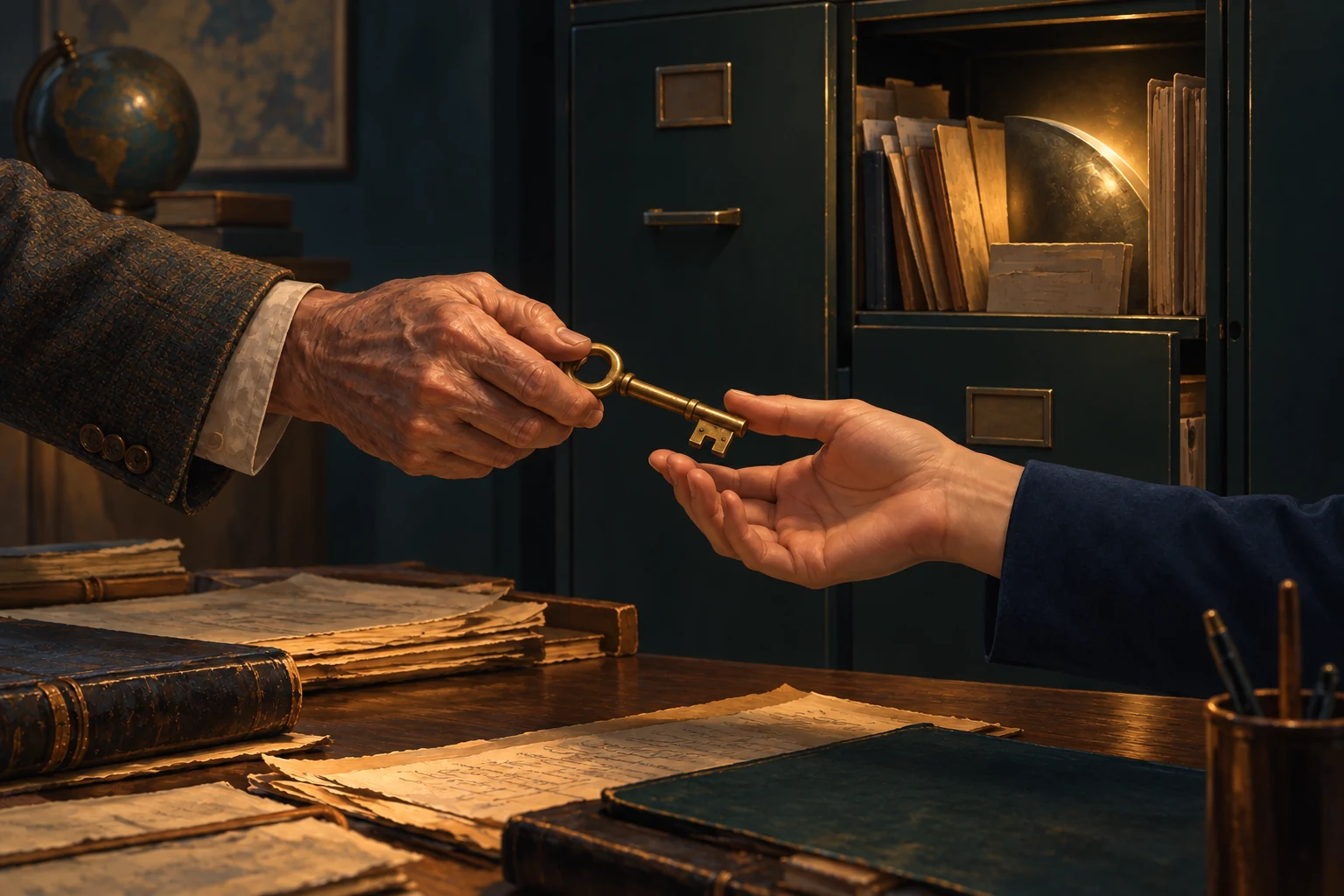 Two illustrated hands pass a brass key before a dark archive cabinet containing files and an unfamiliar curved object.