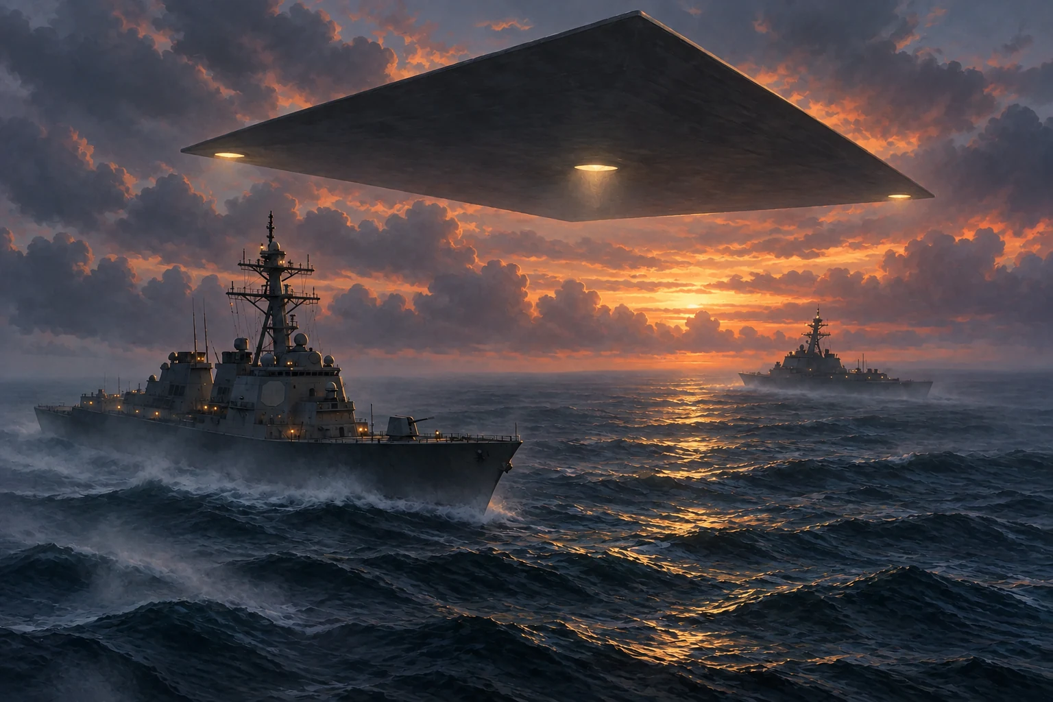 Illustration of two naval ships beneath a broad triangular object over a dusky sea.