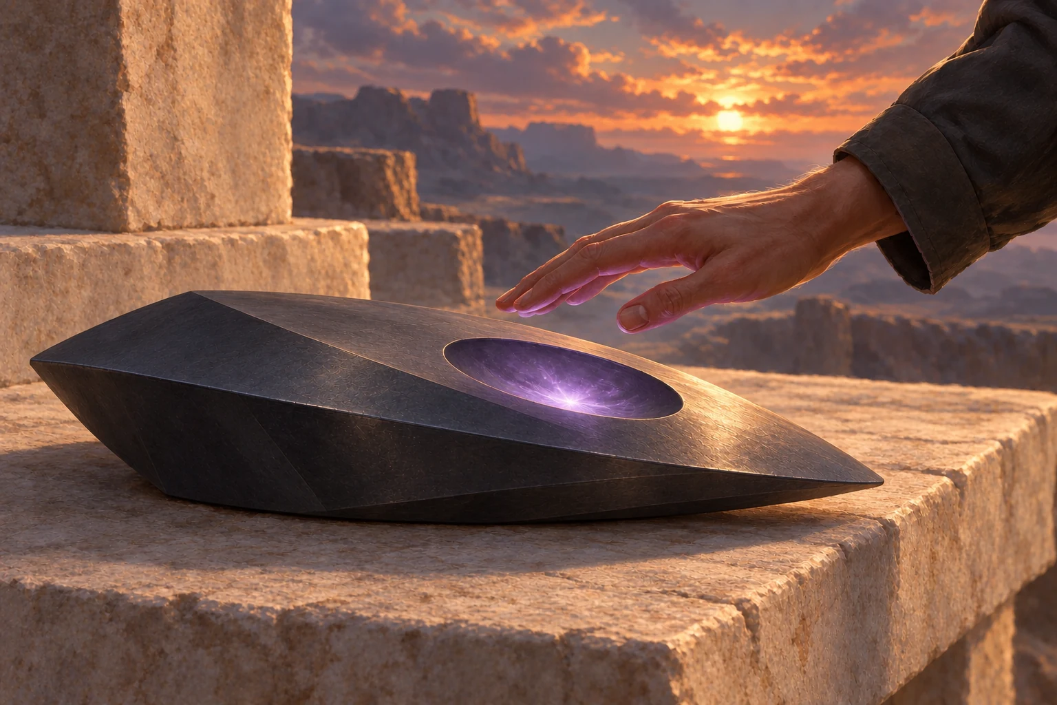 An illustrated hand hovers over a shallow violet-lit recess in a dark unfamiliar object on a stone surface.