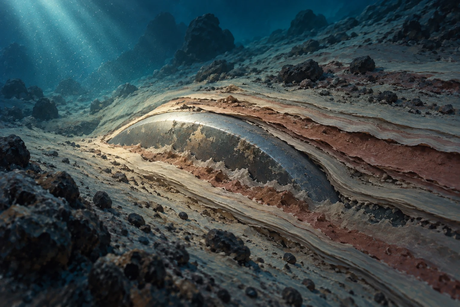 Illustrated layers of seabed sediment curve around a partly exposed smooth object under soft underwater light.