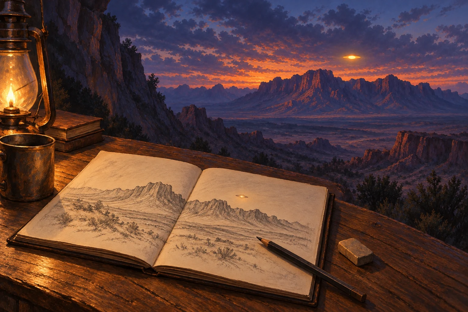 An illustrated sketchbook shows a distant desert ridge echoed in the blue landscape beyond it.