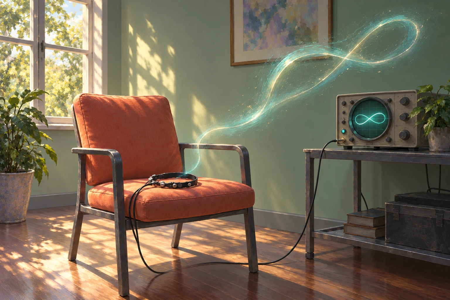A coral chair holds a sensor band beside a softly glowing instrument, with an illustrated ribbon of light extending into empty space.