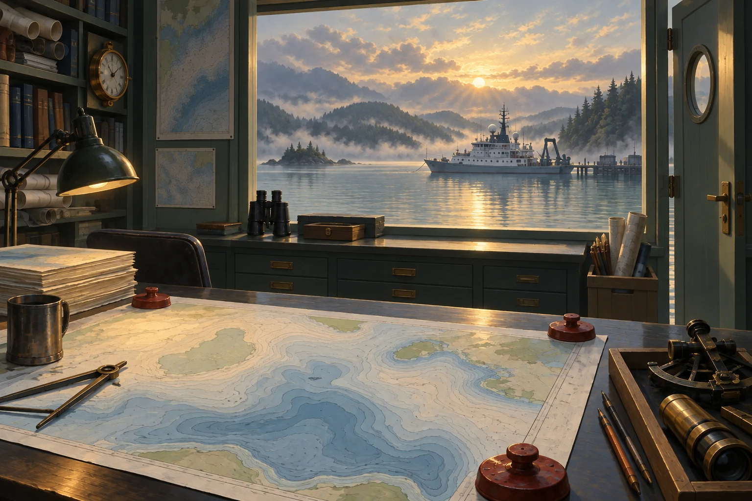 Illustrated depth contours cover a chart-room table overlooking a survey vessel in a quiet green harbor.