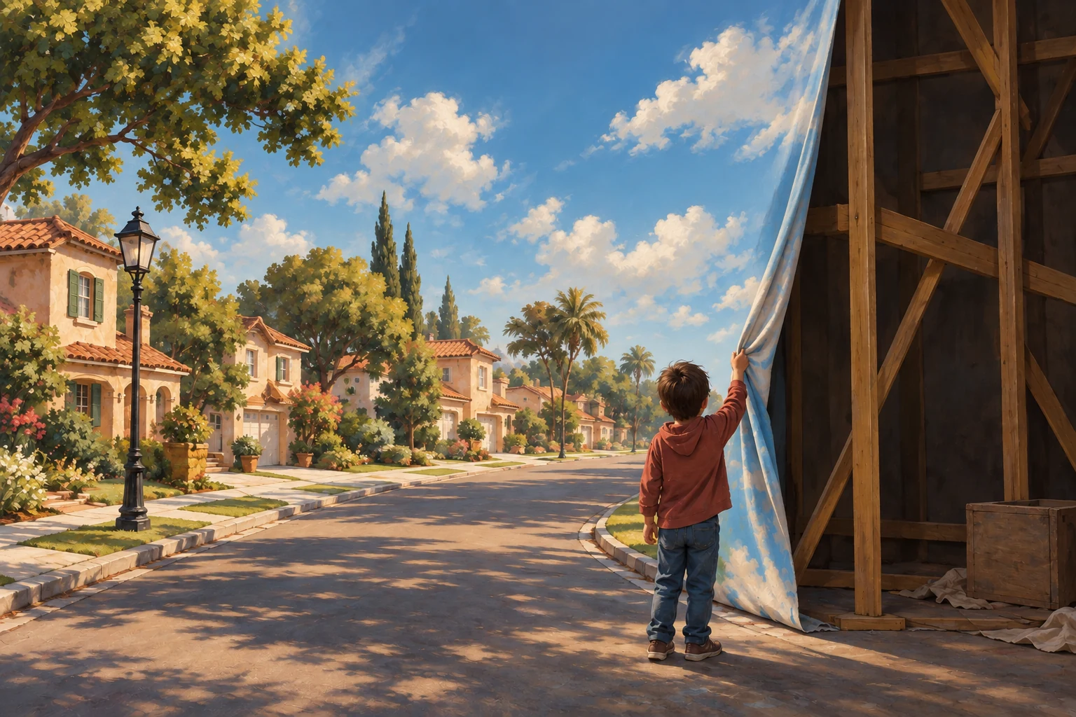 An illustrated figure lifts the edge of a bright neighborhood backdrop, revealing wooden supports behind the apparent sky.