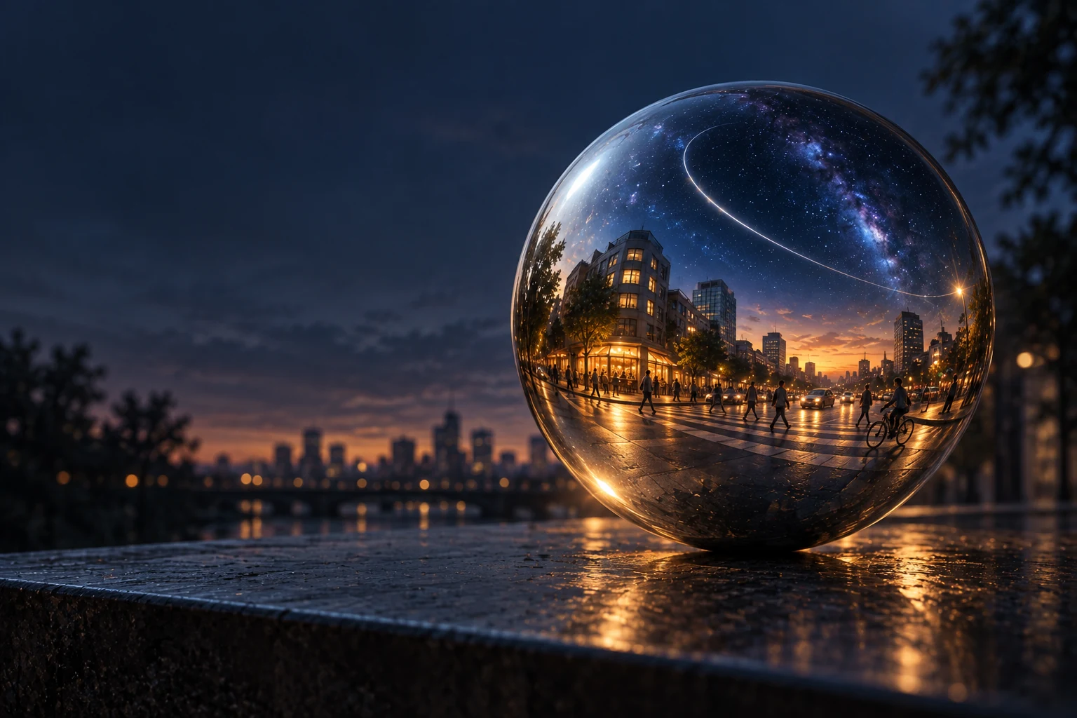 A metallic orb reflects a city crossing beneath an unfamiliar cosmic sky.
