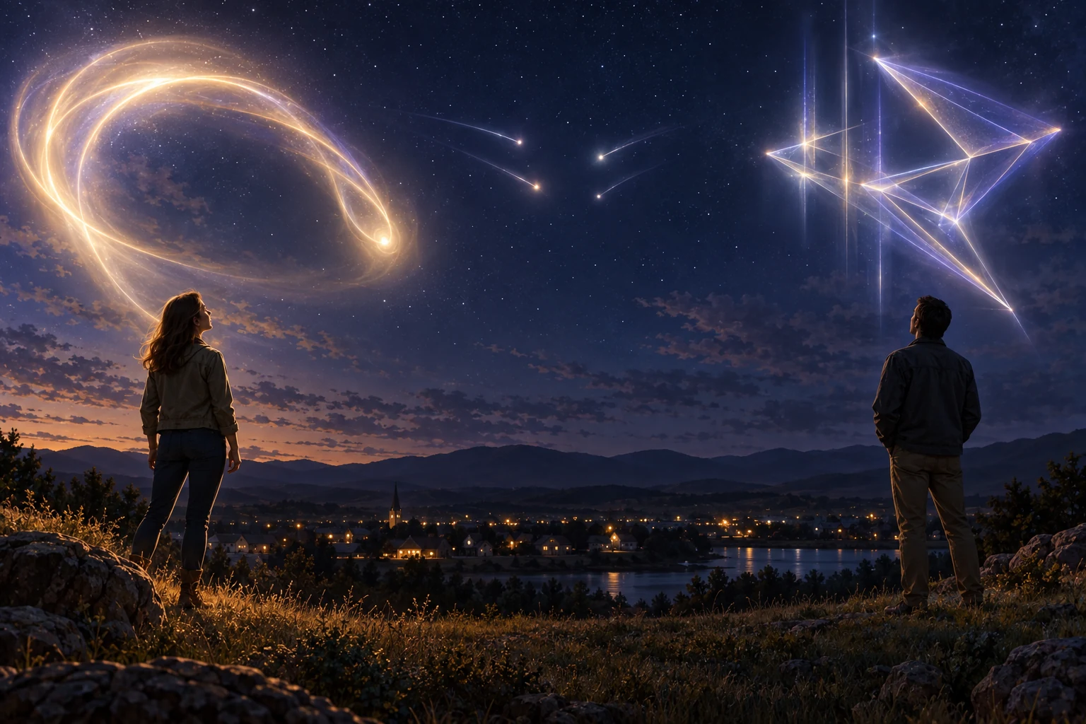 Two witnesses face different manifestations of light whose distant traces never clearly connect.