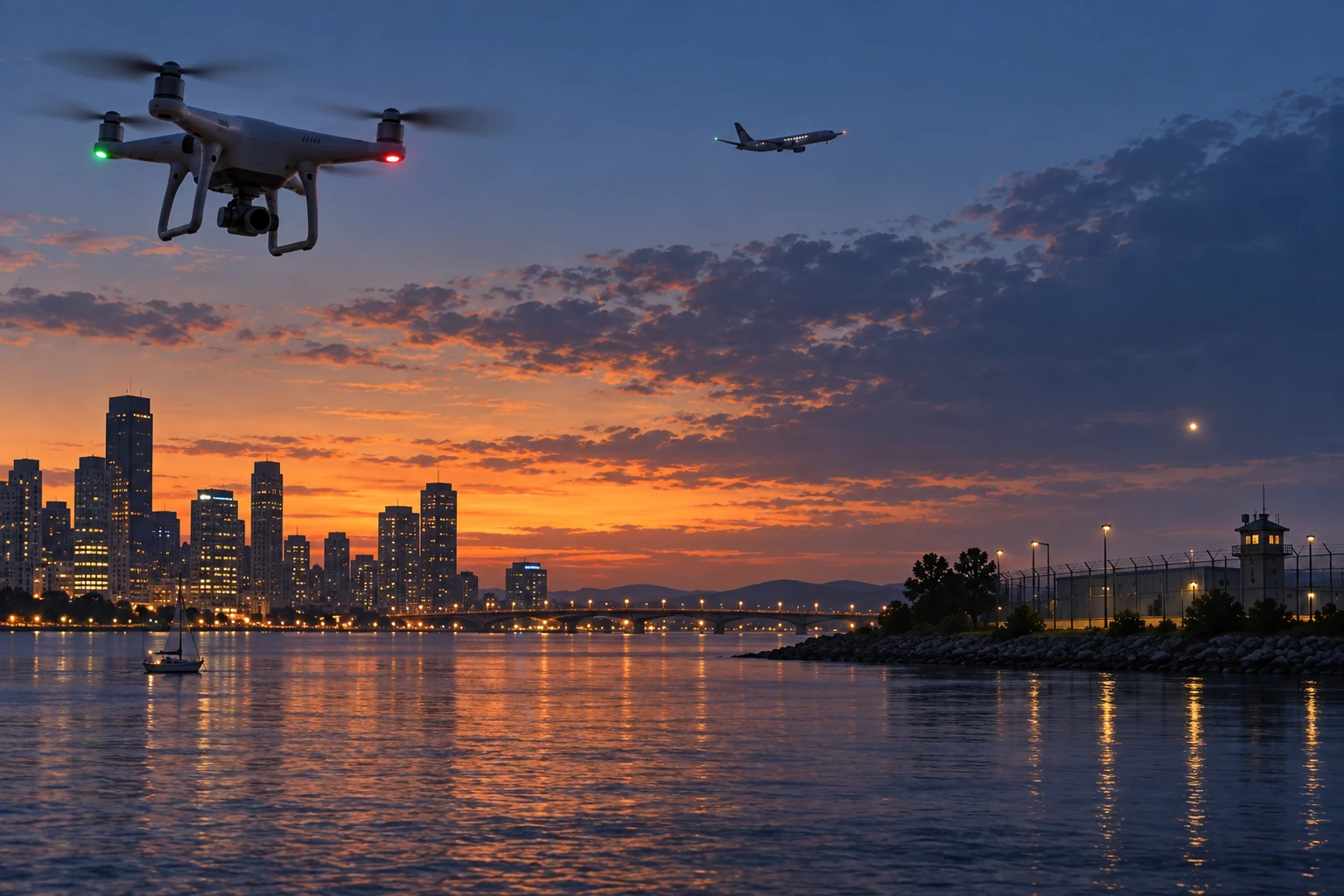 A nearby quadcopter, distant airliner and unresolved light occupy separate parts of a waterfront sky.