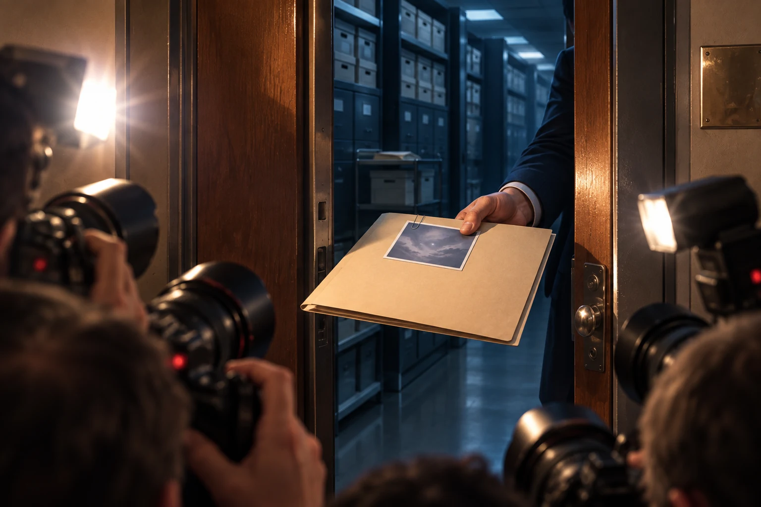 A folder passes through a partly open records-room door as cameras gather outside.