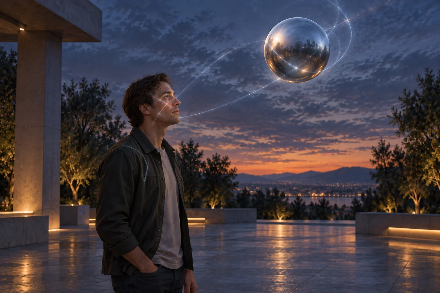 A person and a hovering orb share a faint light pattern whose origin is unclear.