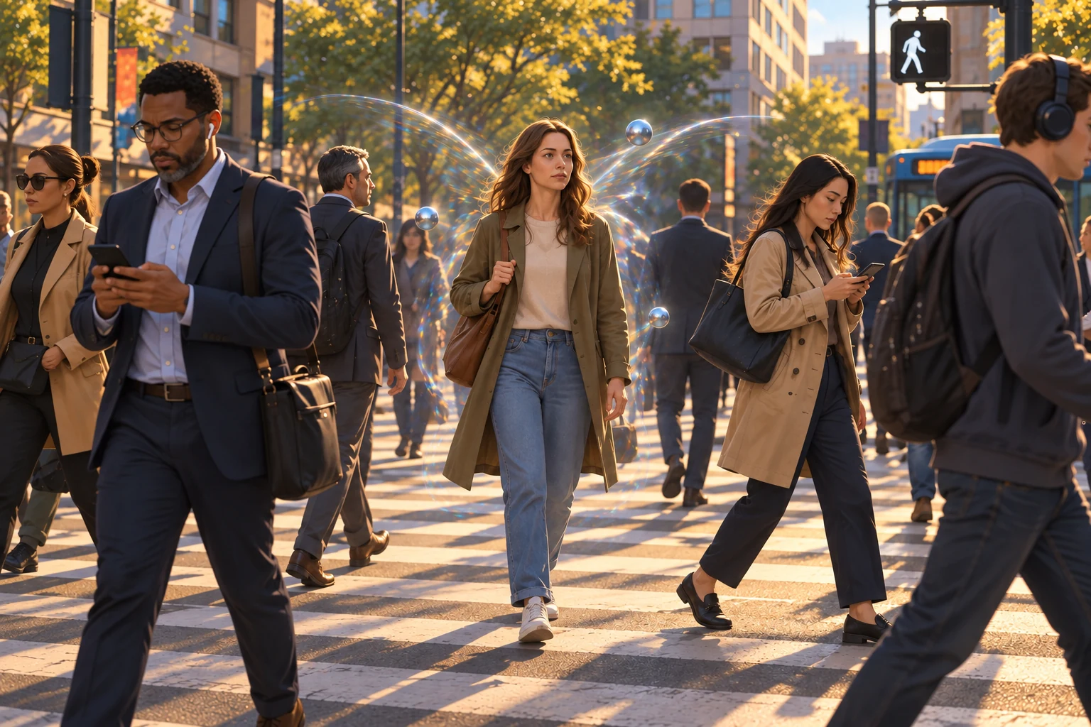 An incognito figure with faint orbital refractions walks through an oblivious city crowd.