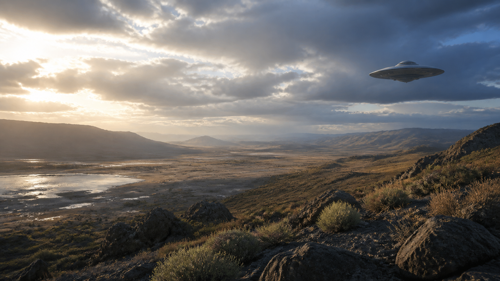 A silver disc above a broad sunlit valley beneath storm clouds